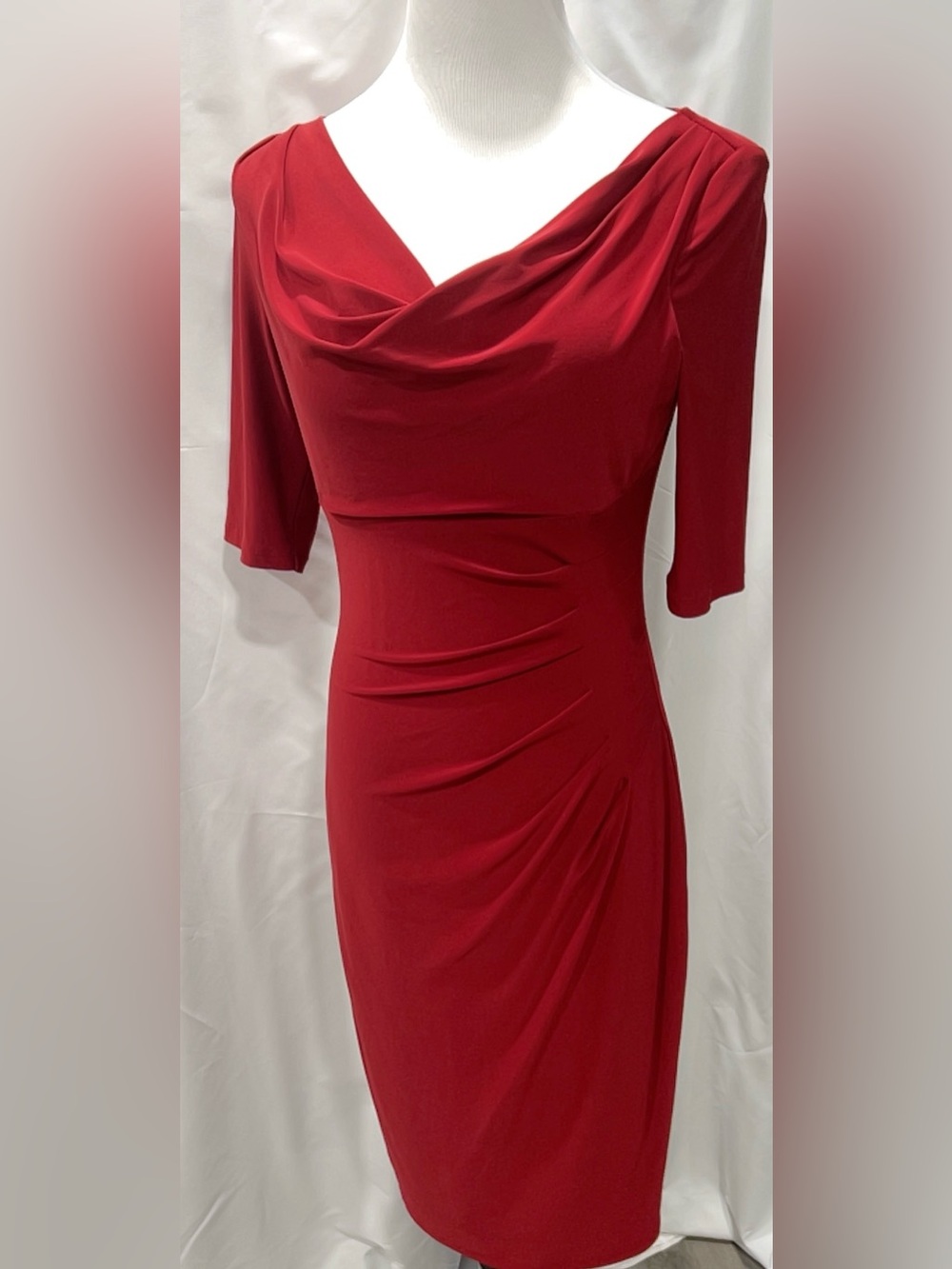 Lauren Ralph Lauren Red Cowl Neck Ruched Sheath Midi Dress Size 6